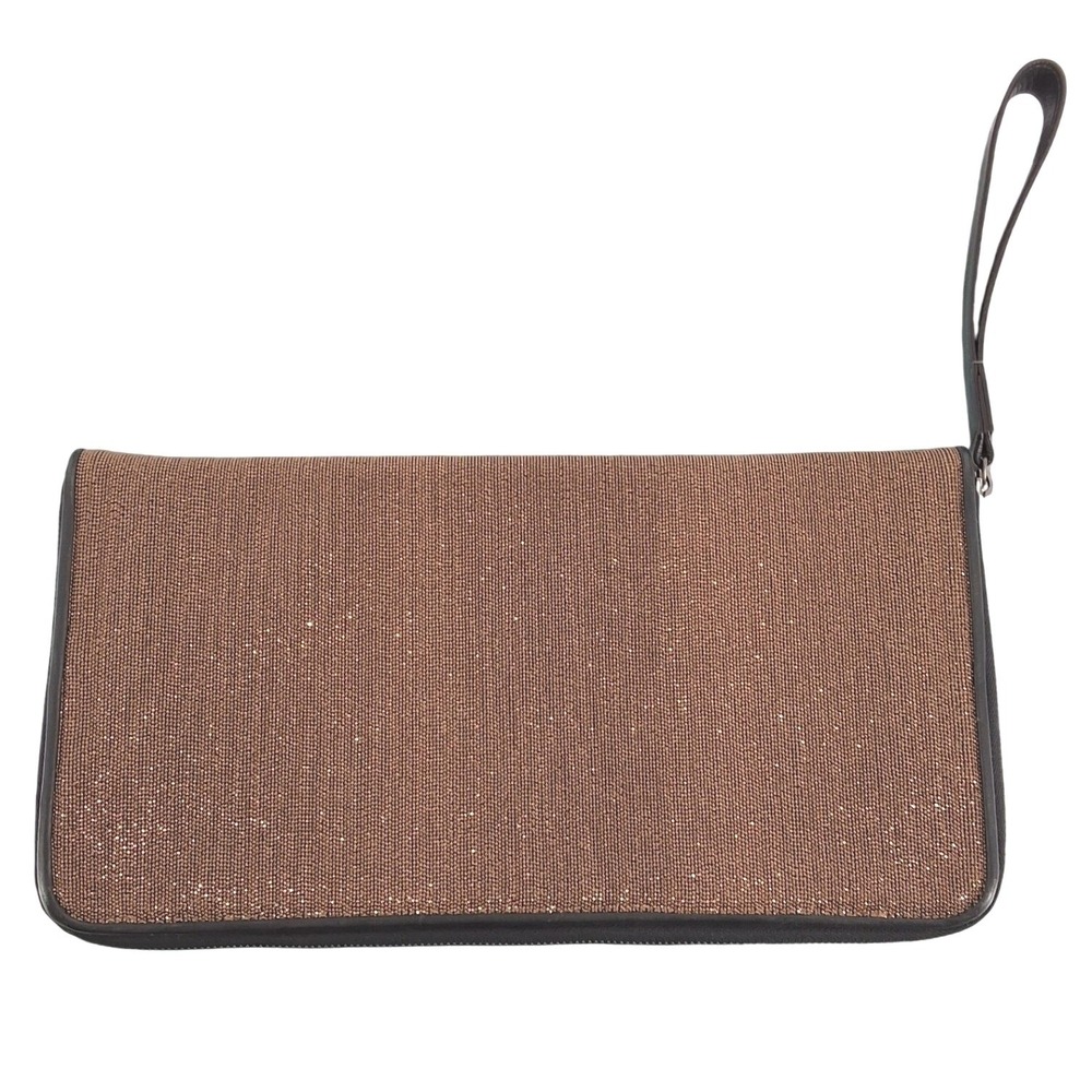 Brunello‎ Cucinelli Brown Woven Leather Document Portfolio Clutch Wristlet Bag